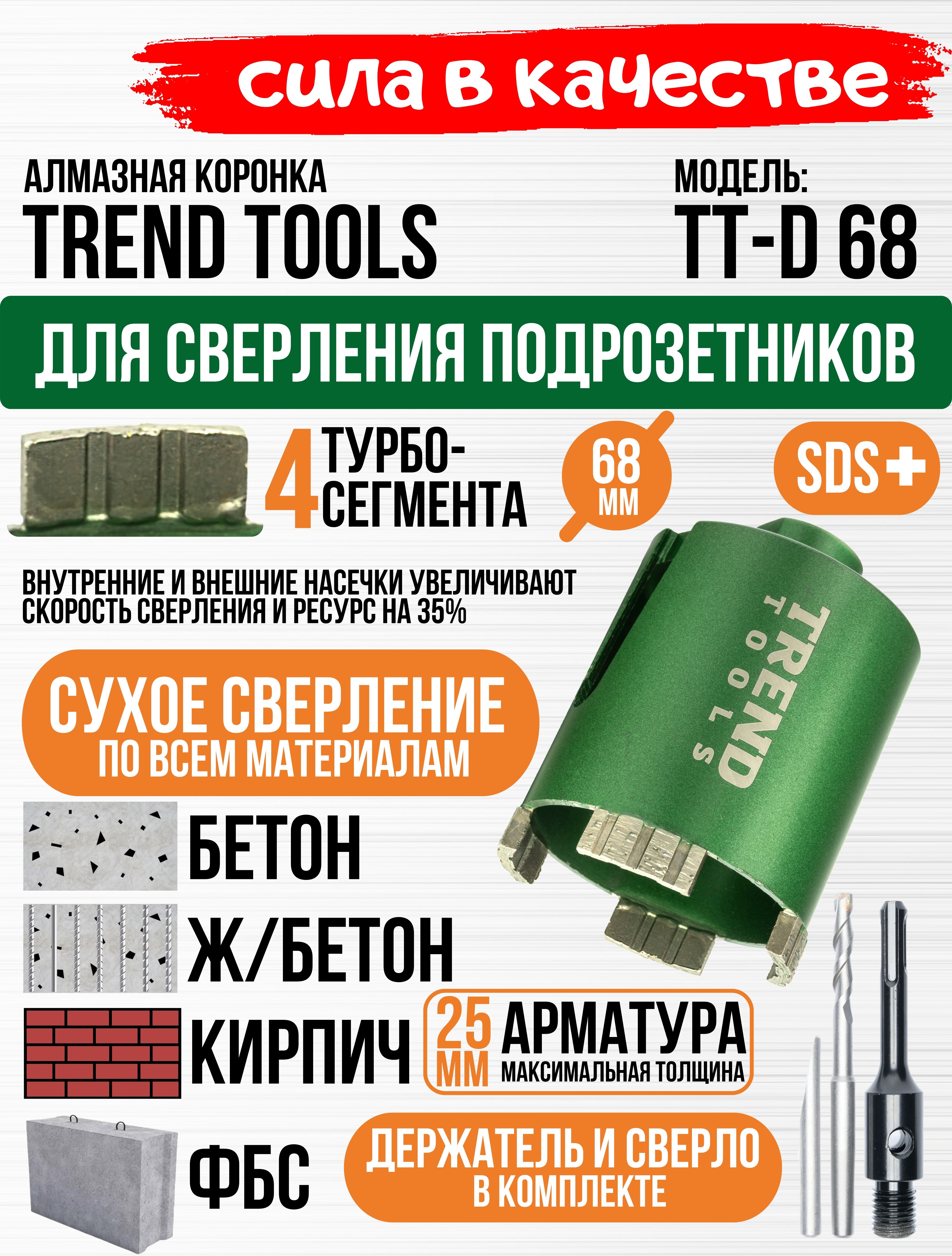 Алмазная коронка по бетону и кирпичу Trend Tools TT-D 68 мм для сверления  подрозетников с адаптером SDS Plus боковое пылеудаление, сухой рез,  безударный режим - купить по выгодной цене в интернет-магазине OZON