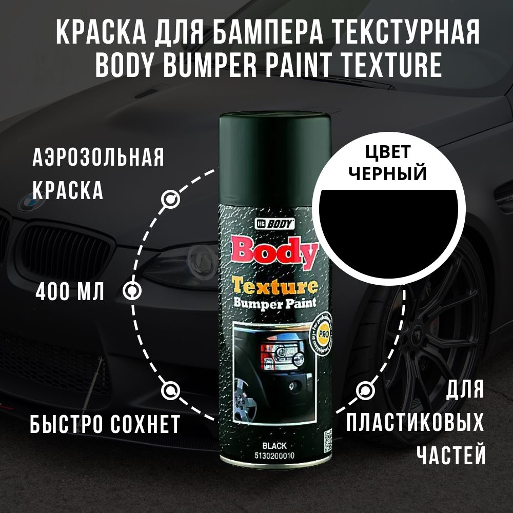 Краска для бампера текстурная Body Bumper Paint Texture, черная, 400 мл,  аэрозольный баллон