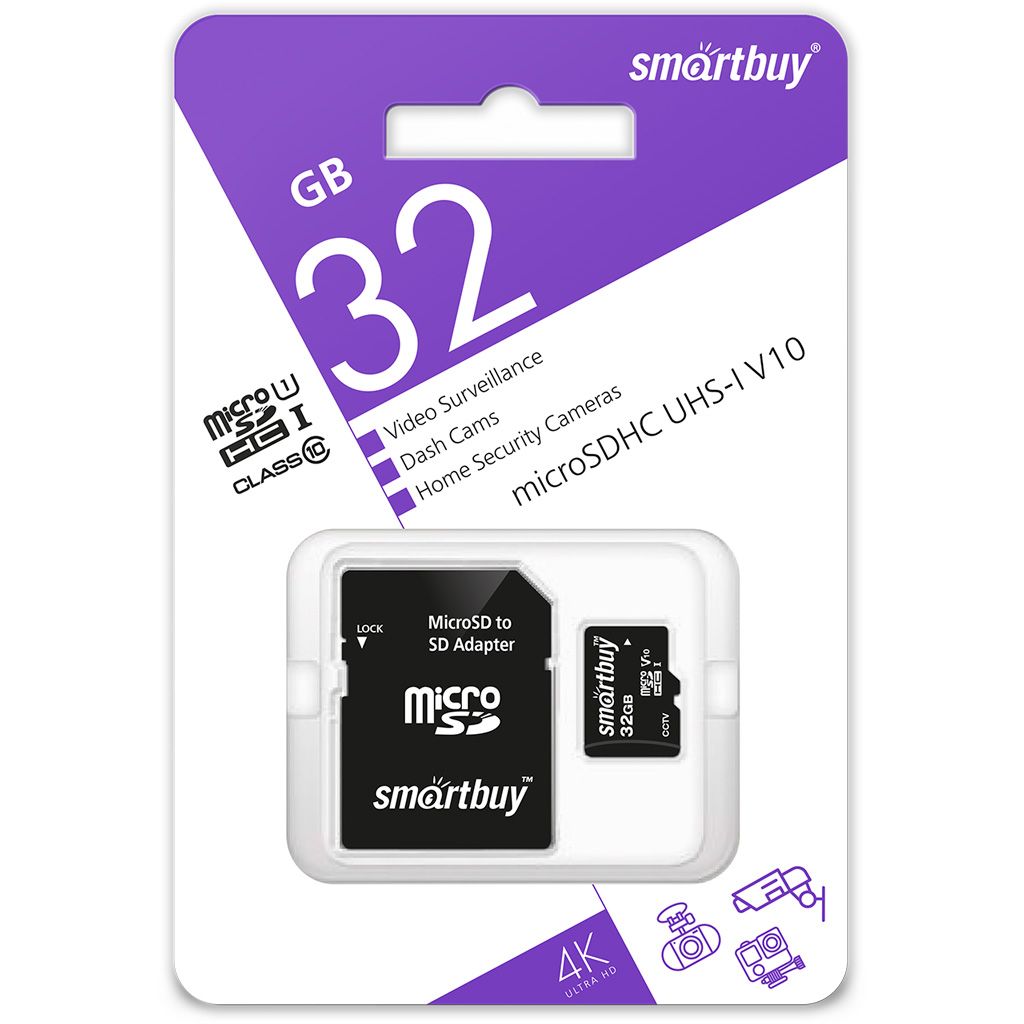 КартапамятиmicroSDSmartbuy032GBSDHCcl10U1V10длявидеонаблюдения(садаптеромSD)