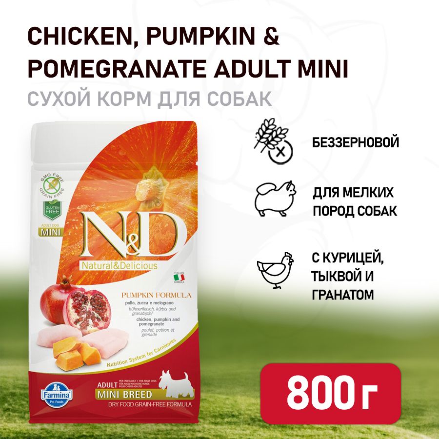 Farmina N&D Pumpkin Dog Grain Free Chicken & Pomegranate Adult Mini сухой  беззерновой корм для взрослых собак мелких пород с курицей, гранатом и  тыквой - 800 г - купить с доставкой по