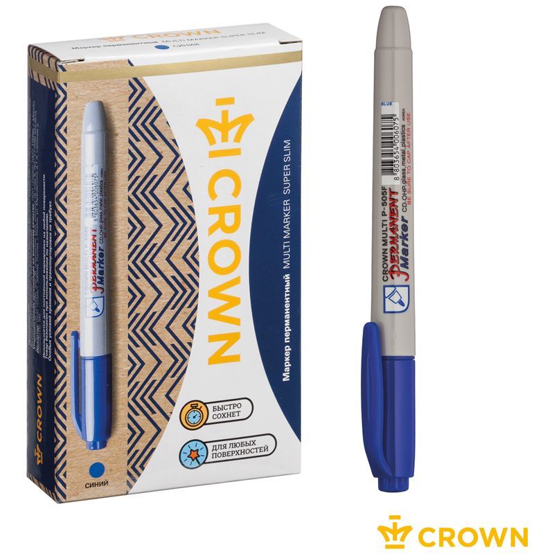 Маркер перманентный Crown "Multi Marker Super Slim" синий, пулевидный, 1мм