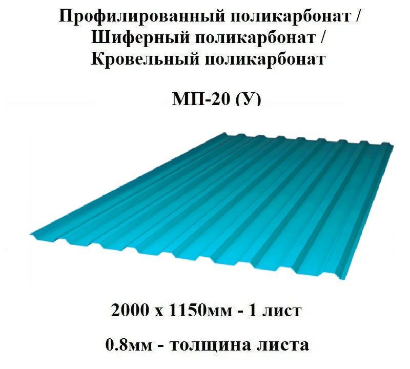 Комплект3штпрофилированныймонолитныйполикарбонатМП-20ударопрочный(Бирюза),2000х1150,0.8ммтолщина.