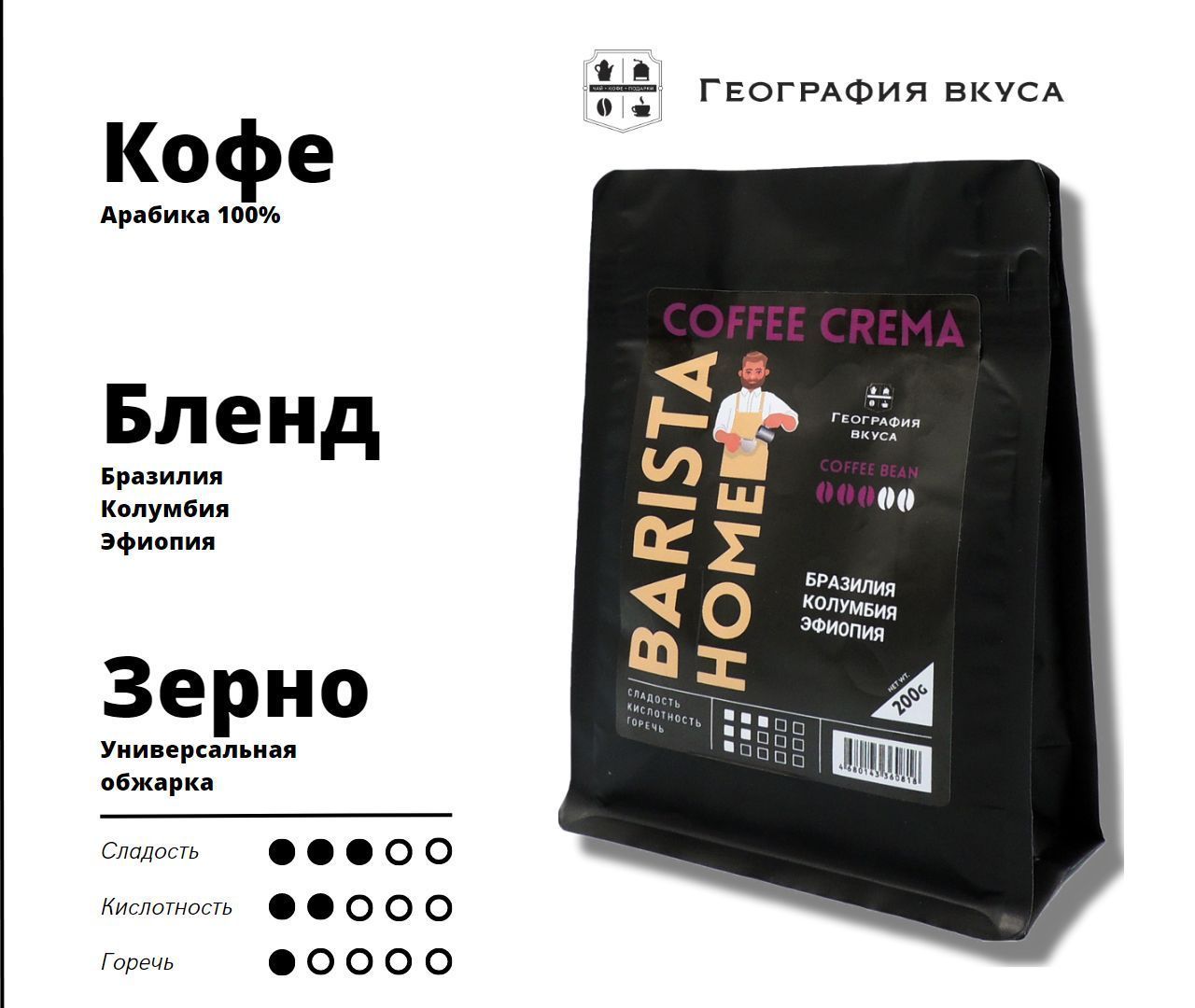 Кофе натуральный в зернах, ГЕОГРАФИЯ ВКУСА, Barista Home, Coffee Crema, 200  гр, Арабика Бразилия, Колумбия, для гейзерной и капельной кофеварки -  купить с доставкой по выгодным ценам в интернет-магазине OZON (993928580)