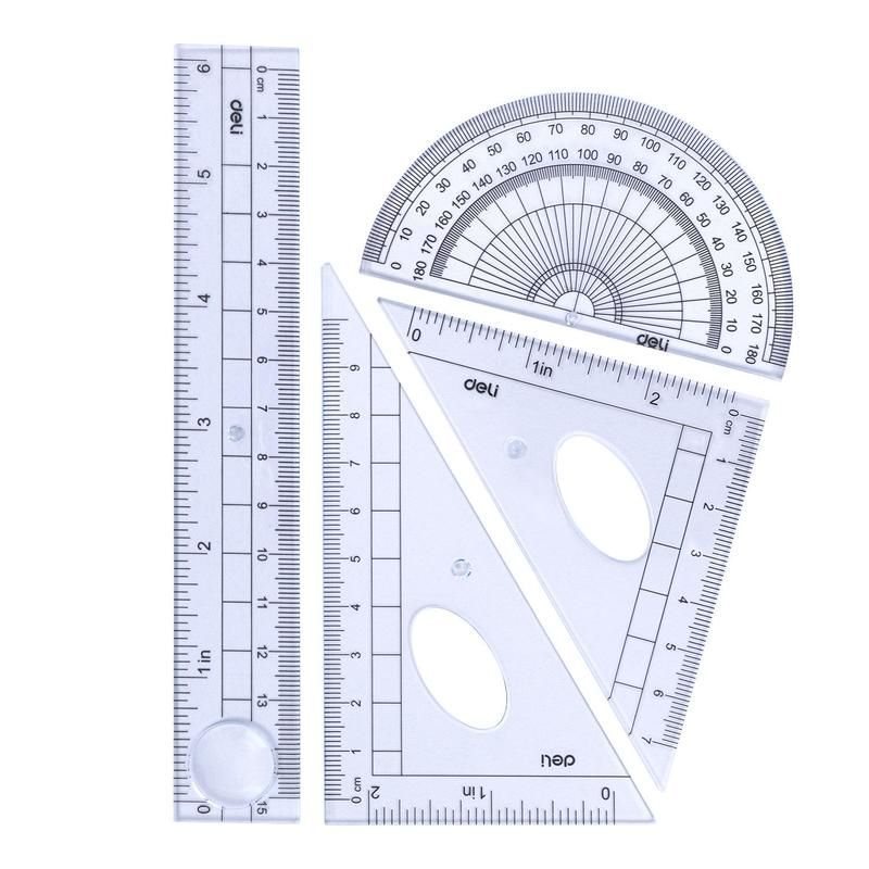 Набор чертежный пластиковый прозрачный (линейка 15 см, угольники 10 и 7 см, транспортир 8 см)