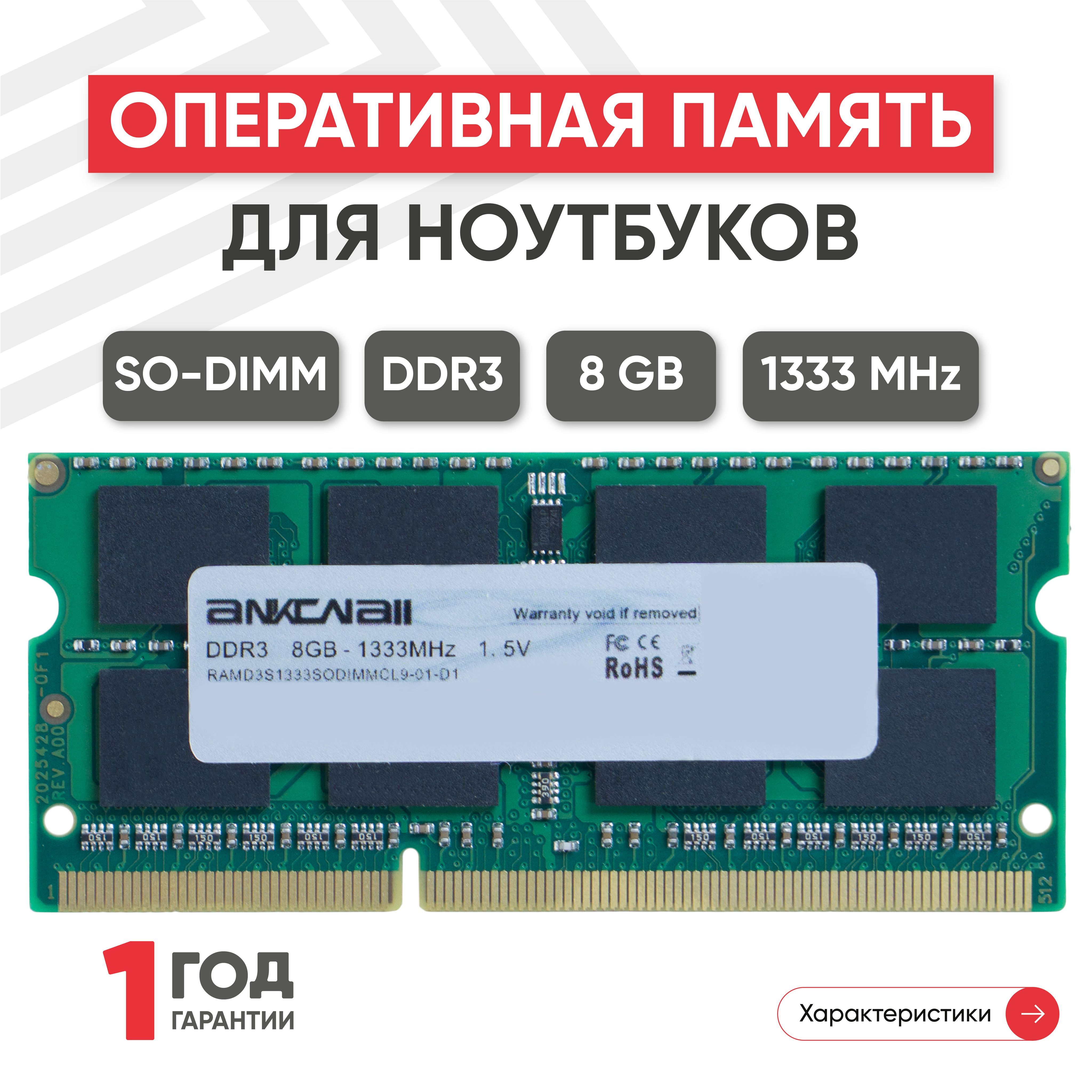 AnkowallОперативнаяпамять(ОЗУ,оперативка)дляноутбука,DDR3,8Gb,1333MHz,1.5V,204PIN,SODIMM,PC3-106001x8ГБ(RAMD3S1333SODIMMCL9)