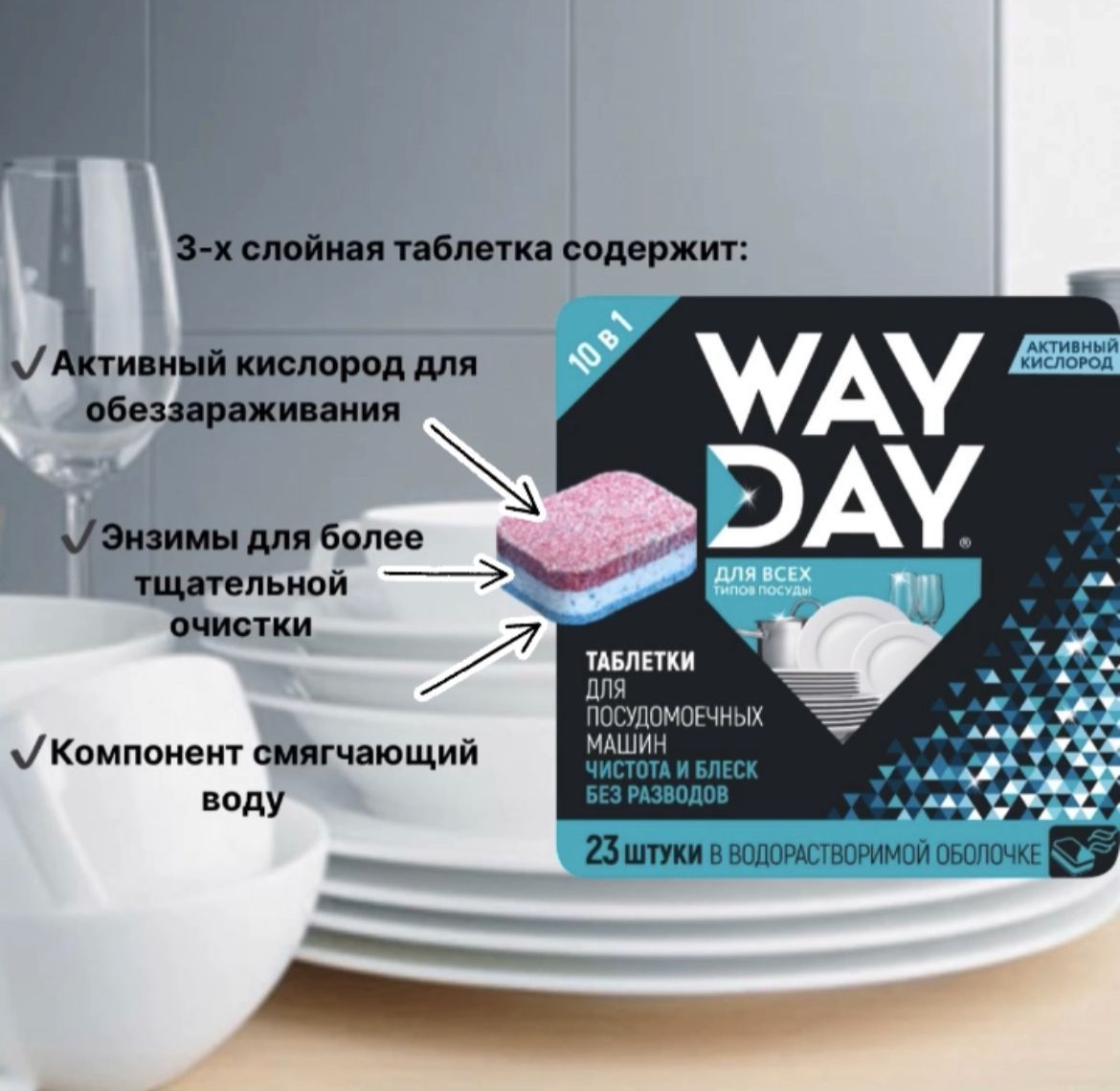 ТаблеткидляпосудомоечноймашиныWayDay/23штуки/капсулыдлямытьяпосуды,растворимаяоболочка