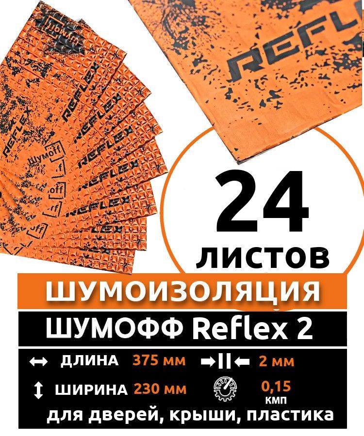 Виброизоляция Шумофф Reflex 2 (2 мм) 24 листа. для шумоизоляции дверей, крыши, капота, арок ,крышки багажника автомобиля, вентиляции и труб канализации