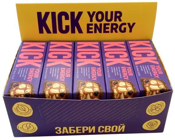 Батончик KICK "YOUR ENERGY" арахисовый с изюмом и черносливом в карамельном шоколаде, 10 шт. по 45 г