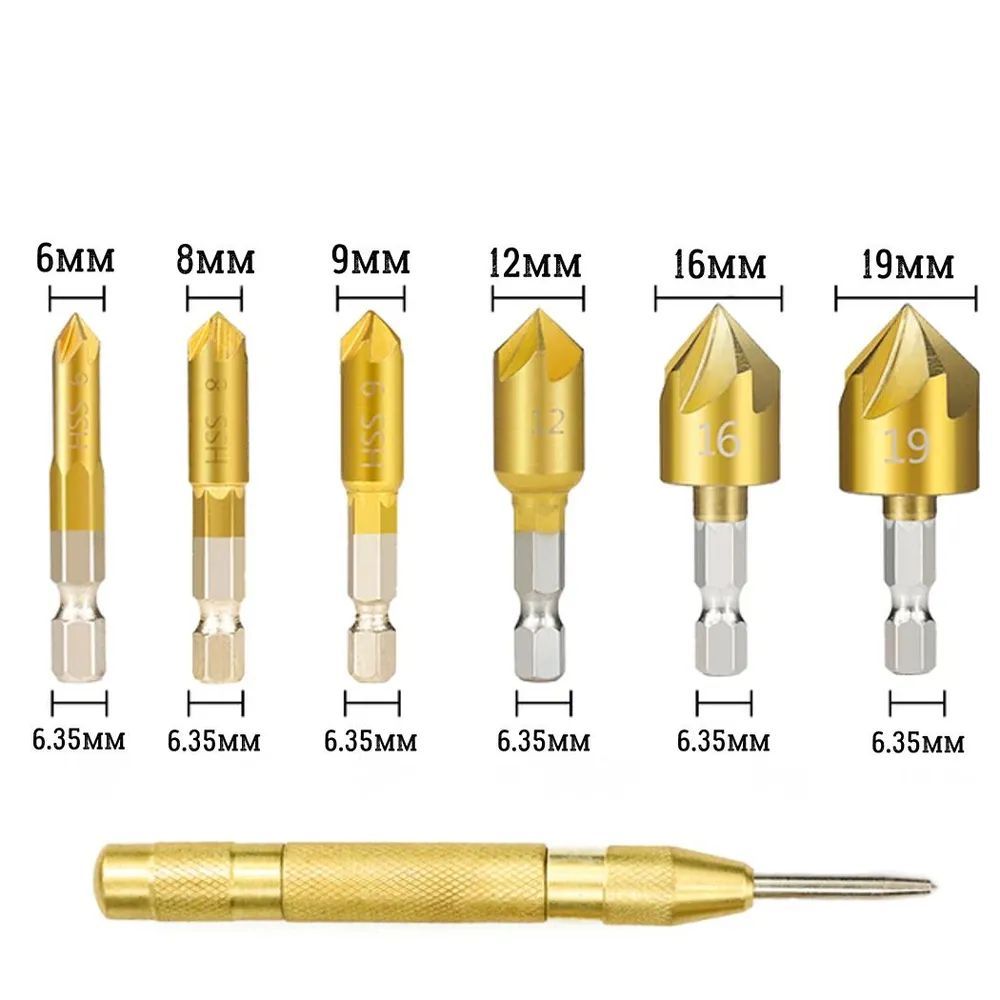 Набор зенкеров 6-19мм. 6 шт. с автоматическим кернером, 7 предметов.