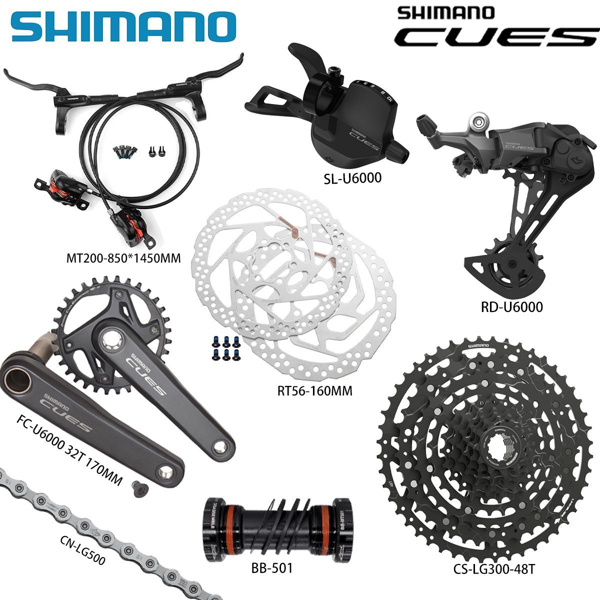 КомплекттрансмиссиидлягорноговелосипедаShimanoCUESU6000,трансмиссия1X10SL-R/RD(сокном),кассета,цепь,кривошипплюскаретка,тормозаMT200сроторами160мм.(Набориз8шт.)