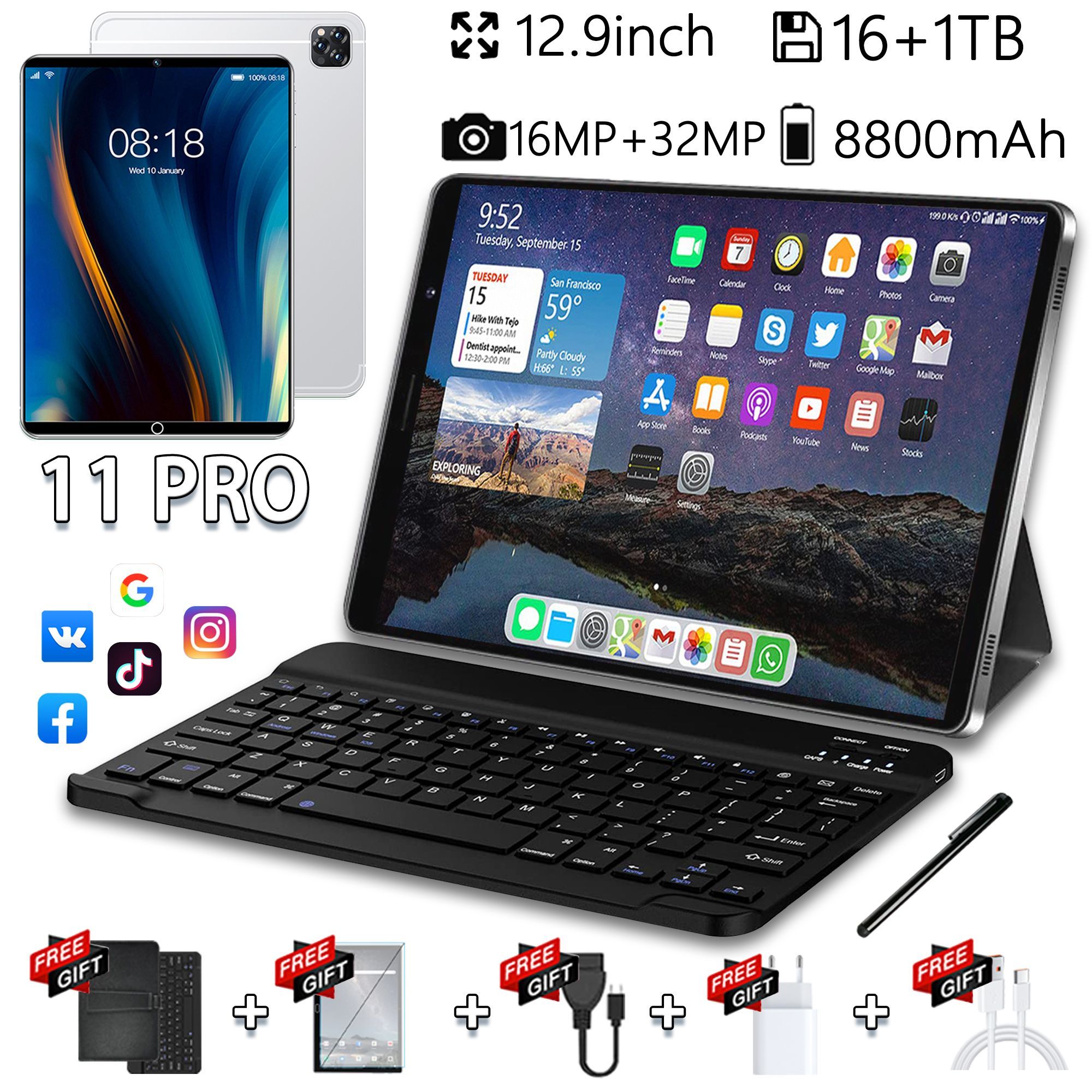 KLKLПланшетПланшет11Pro,12.9",16+1024GB,Android13/WiFi+ДвеSim-карты+SD-карта,Поддержкарусской,кожанаяклавиатура+стилус+защитноестекло,8800мАч,подходитдляразвлечений/офиса/кабинета/путешествий2023new,12.9",256GB,белый