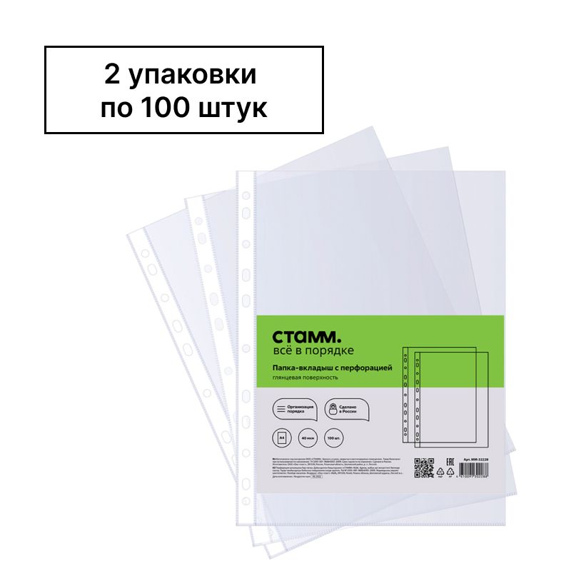 Папка-вкладыш с перфорацией (файл) СТАММ А4, 40мкм, глянцевая, 2 уп по 100 шт