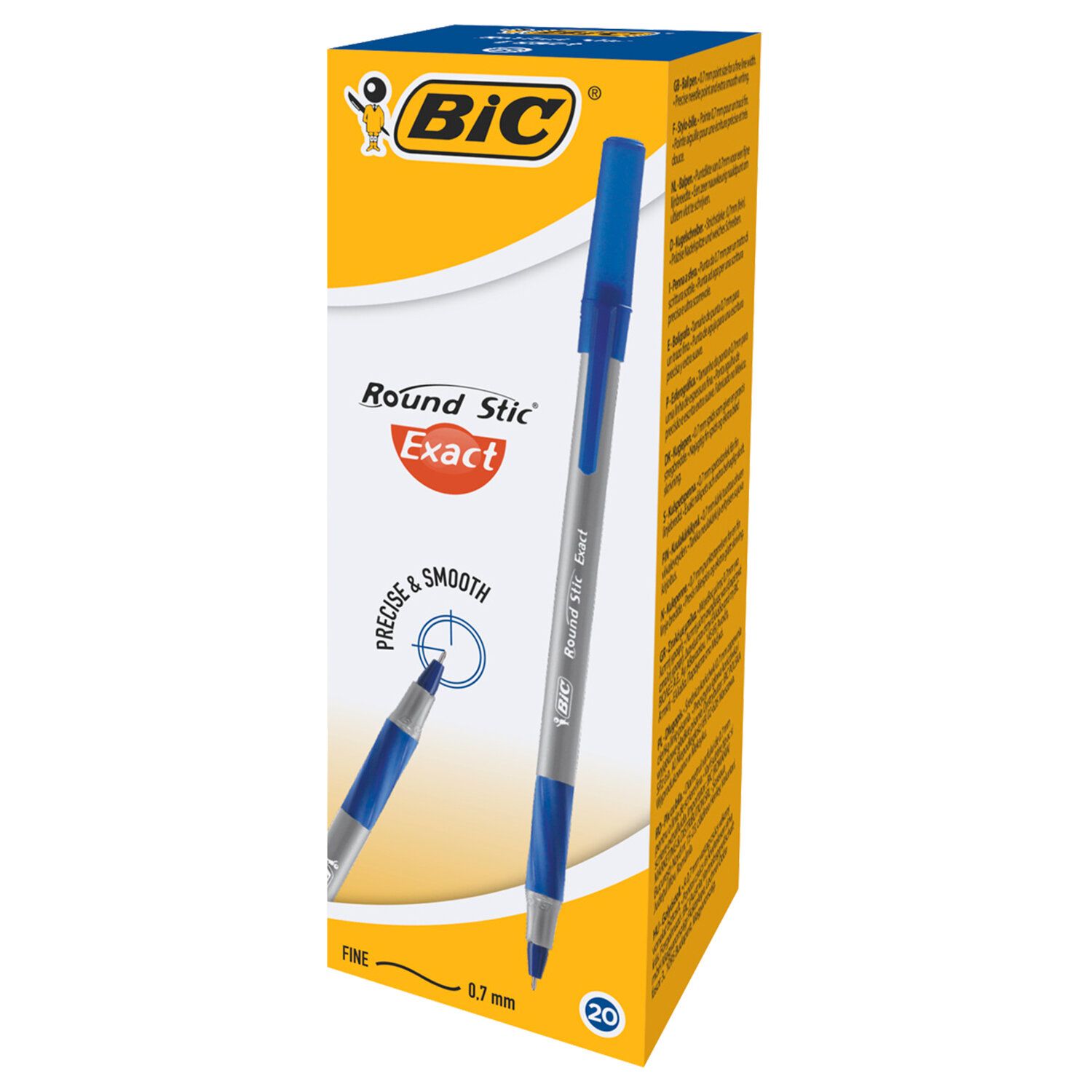 Ручки шариковые набор / комплект Bic Round Stic Exact, 20 штук, Синяя, узел  0,7 мм, линия письма 0,28 мм