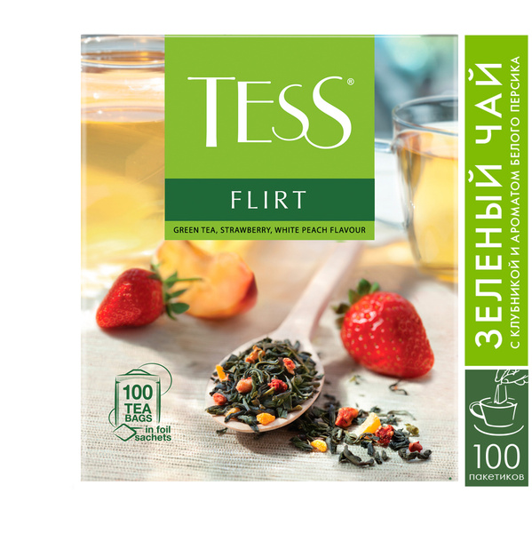 Чай TESS (Тесс) "Flirt", зеленый с клубникой и персиком, 100 пакетиков ...