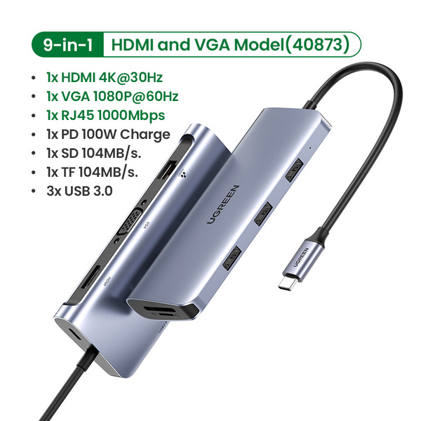 Ugreen Usb C Hub 10 в 1 Usb Type C к Hdmi 4k Usb 30 Vga Pd 35 мм полнофункциональный 7069