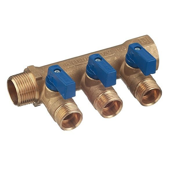 Коллектор латунь с шаровым краном TIEMME 3/4"х1/2" НР - 3 отвода, 10бар ...