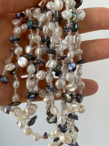 Бусы 3 нити из речного культивированного жемчуга белого и серого цвета ...