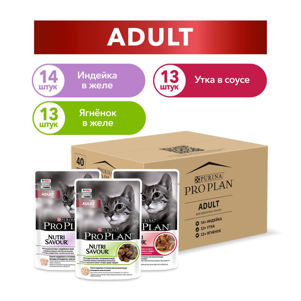Purina Pro Plan набор паучей для взрослых кошек, с индейкой в желе, с ...