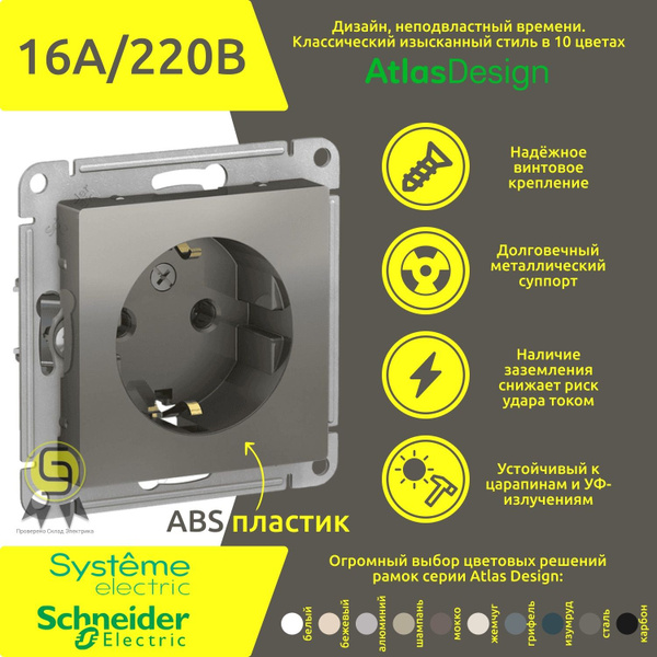 Механизм розетки Schneider Electric AtlasDesign с заземлением, 16А ...