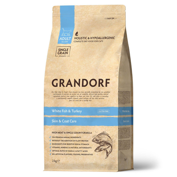 GRANDORF Cat White Fish & Turkey SKIN & CARE, 2 кг Полнорационный сухой ...