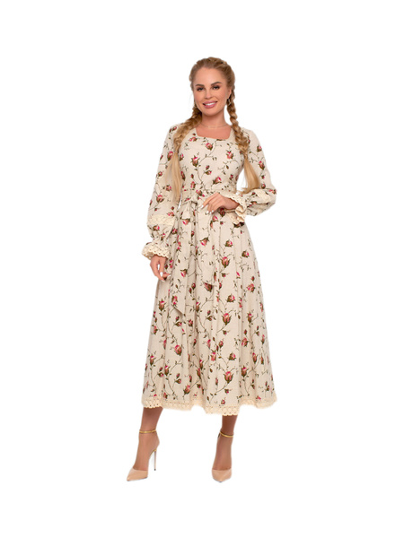 Платье женское праздничное бежевое с длинным рукавом и пышной юбкой ...