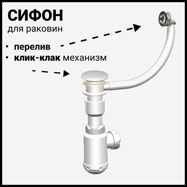Сифон для раковины с клик-клак механизмом и круглым переливом - купить ...