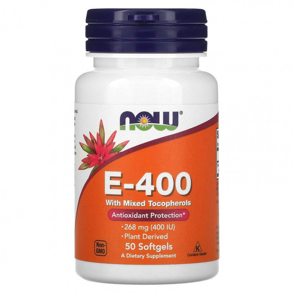 Витамин Е, Now Foods Vitamin E и микс токоферолов, 400 МЕ, 50 гелевых ...