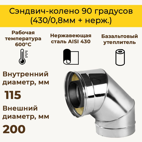 Сэндвич-колено 90 градусов для дымохода D 115x200 мм утепленная ...