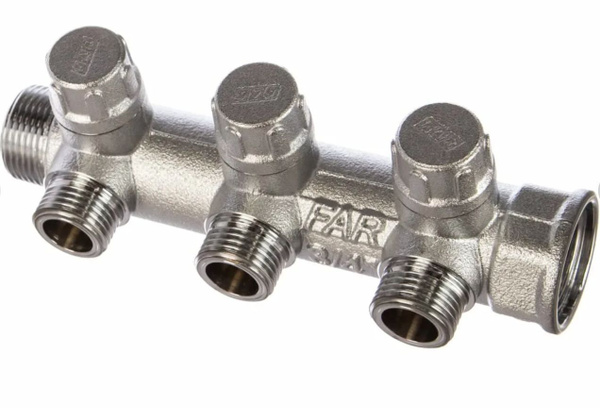Коллектор запорный FAR 1" ВР-НР, 3 отвода 1/2" НР, межосев. 45мм ...