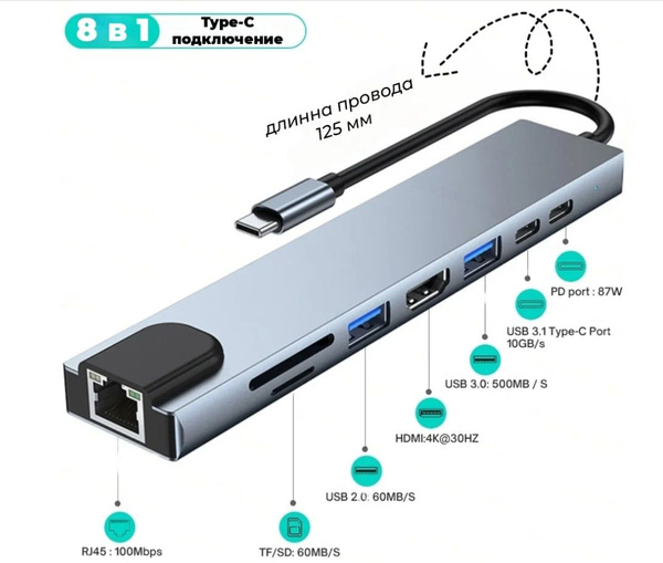USB-C HUB 8 в 1/Переходник с USB 3.0, RJ45, HDMI 4K, SD- MicroSD,PD ...