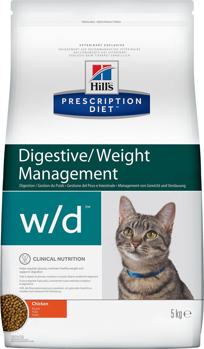 фото Корм сухой Hill's Prescription Diet w/d Digestive/Weight Management для кошек для поддержания оптимального веса и здоровья при сахарном диабете, с курицей, 5 кг