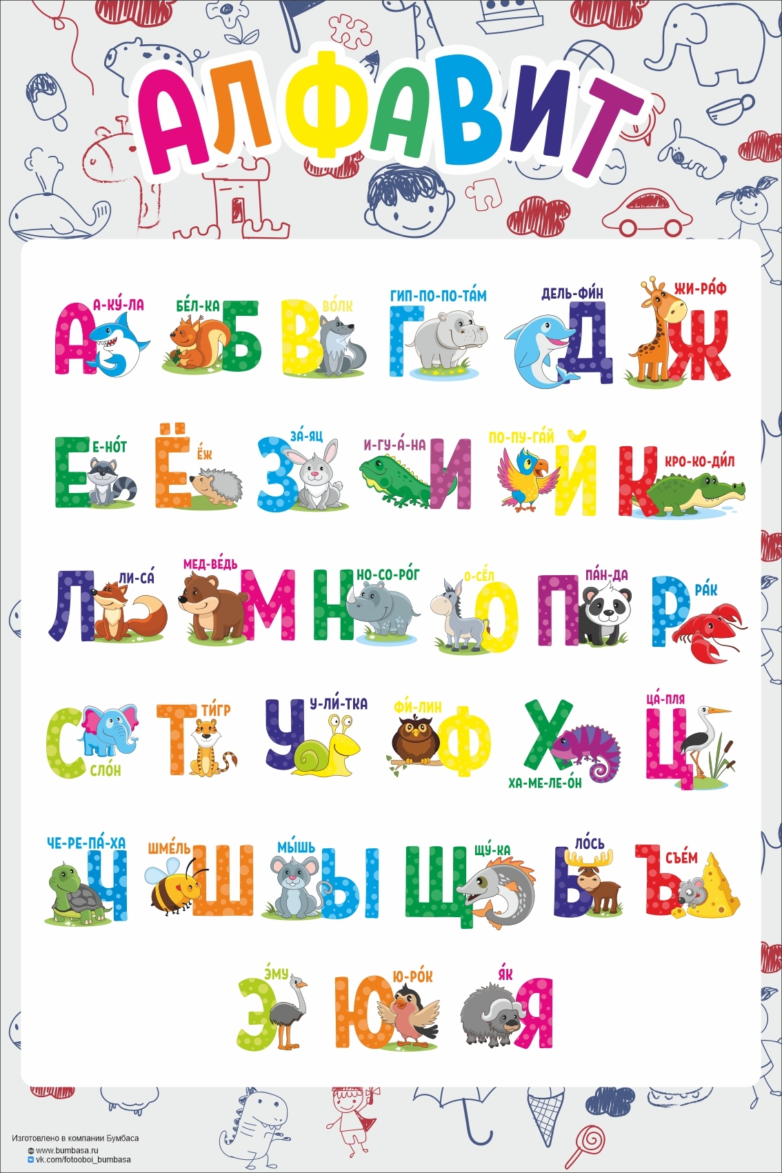 Характеристики Постер "Русский алфавит", слоги и ударения, с животными ...