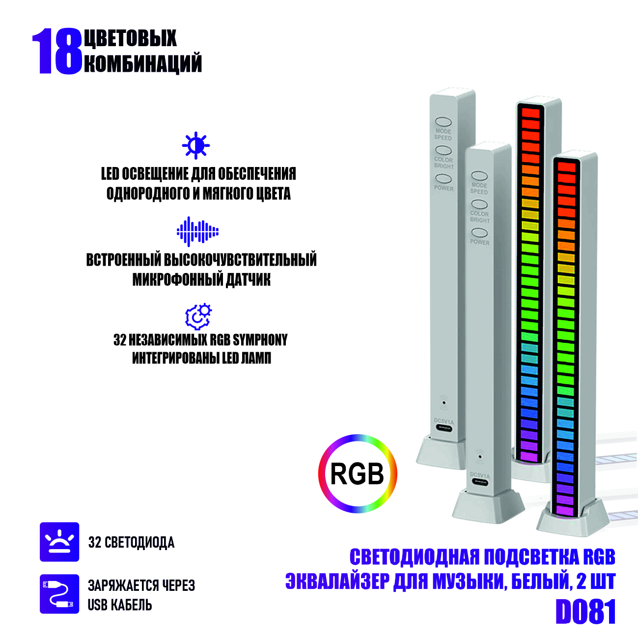 FlashUnitЭквалайзерСветодиоднаяподсветкаRGBD081длямузыки,белый,2шт.,белый