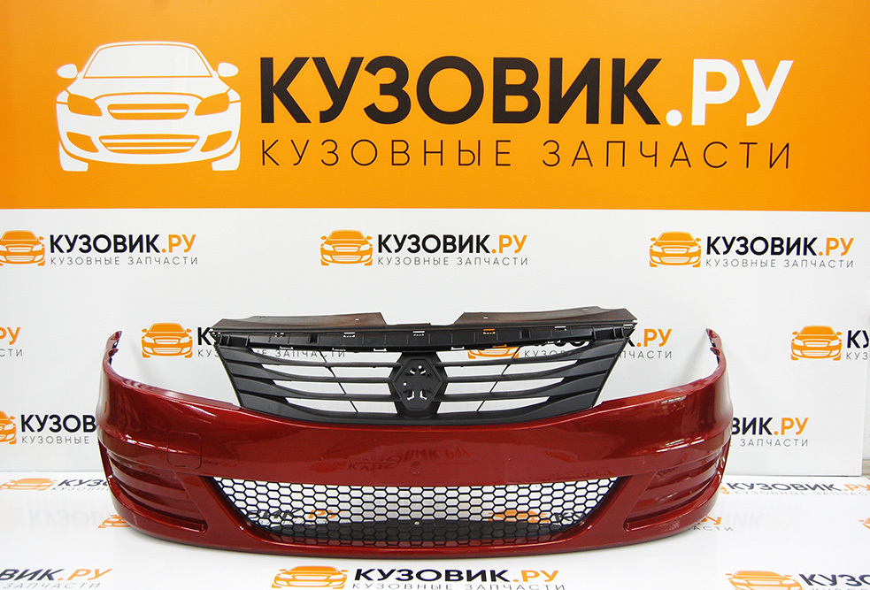 Бампер передний в цвет для Рено Логан 1 Renault Logan 1 фаза 2 (2009-2015) в сборе 21B - Красный тореодор, без отверстий под птф