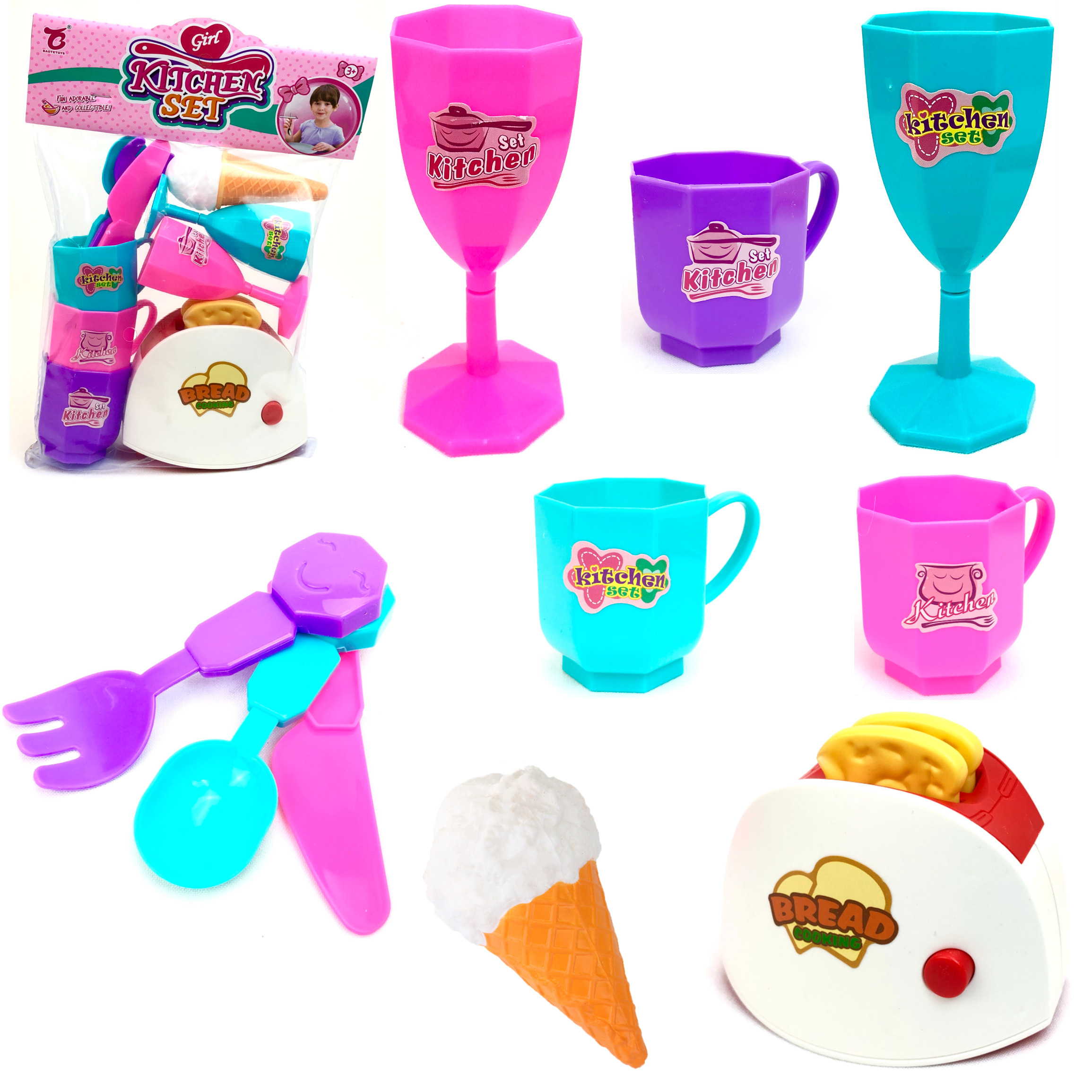 Игрушечный детский кухонный набор посуды с тостером Kitchen Set, 3 чашки,  столовые приборы, 2 бокала, тостер с хлебом, мороженое, 27х21х6 см - купить  с доставкой по выгодным ценам в интернет-магазине OZON (533335683)