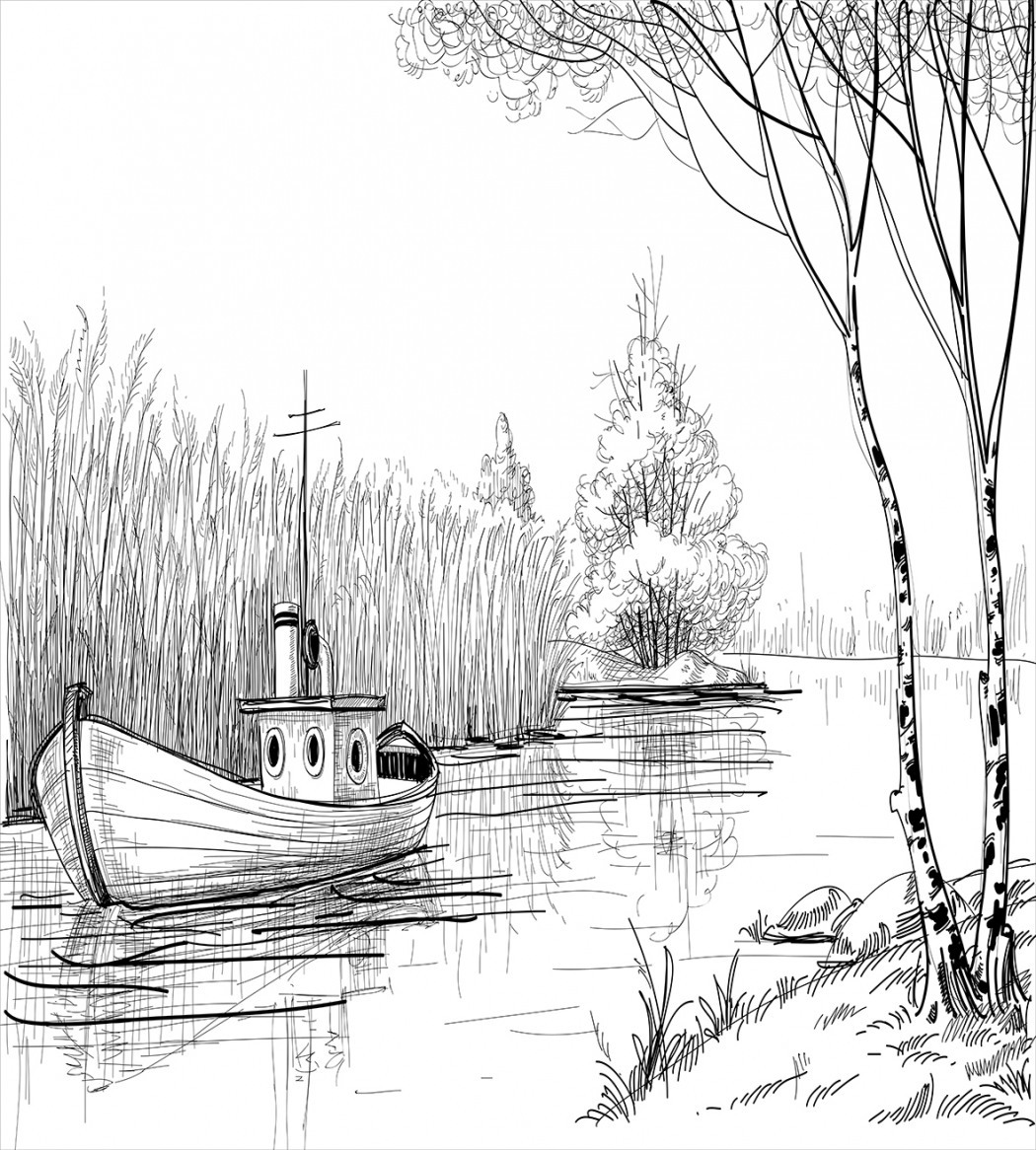 Эскиз пейзаж с отражением воды маленький домик на берегу черно белый