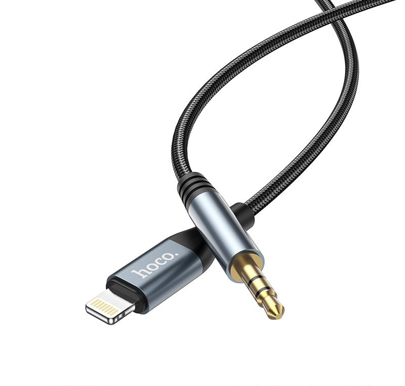 Кабель AUX (3.5mm) to Lightning hoco DUP03 / 1м / stereo / в оплетке / черный+серый