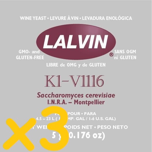 Винные дрожжи Lalvin K1-V1116, 3x5 г.  - универсальные дрожжи для всех типов вин, и тех у которых остановилось брожение.