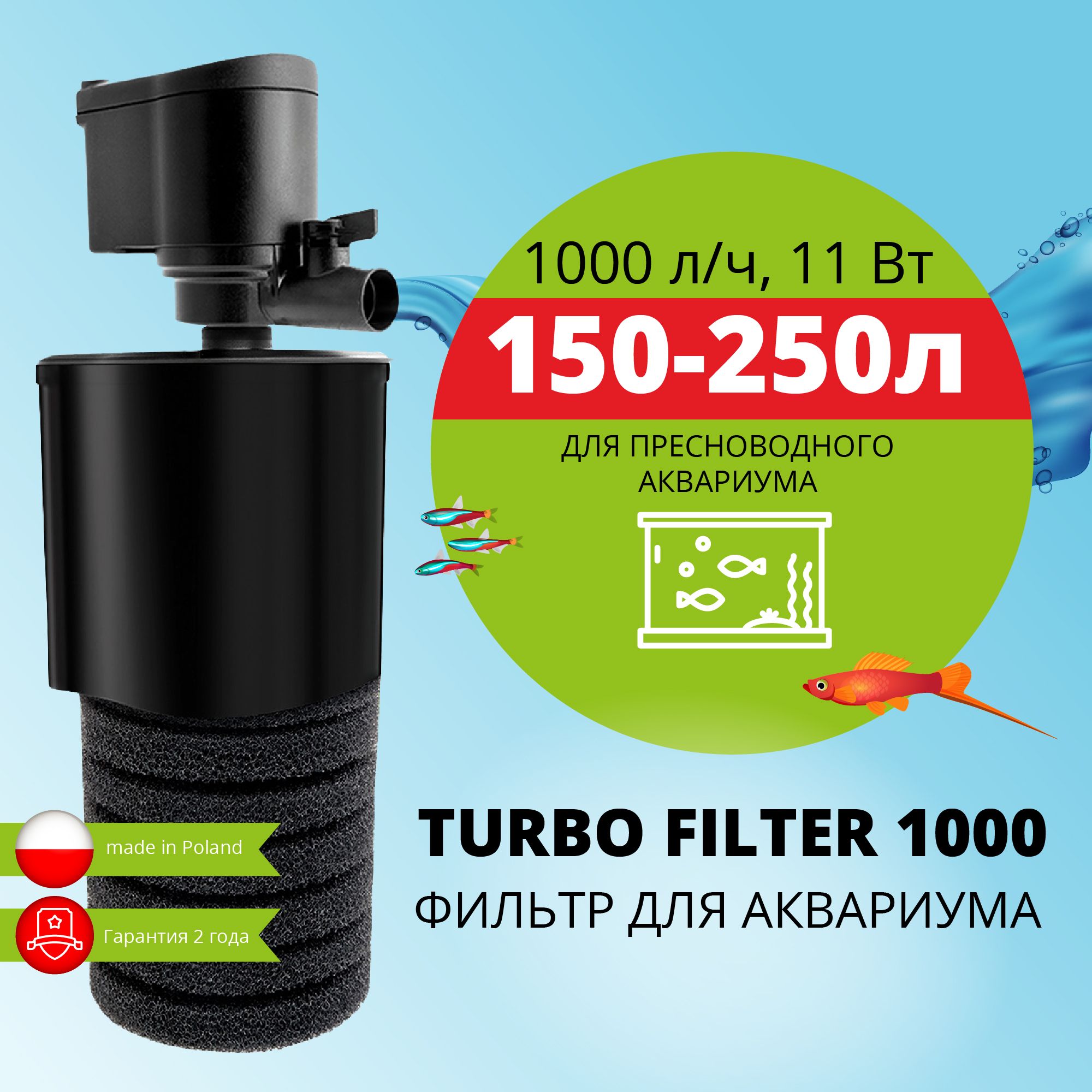 Фильтр для аквариума внутренний AQUAEL TURBO FILTER 1000 (150 - 250 л., 1000 л/ч, 11 Вт)