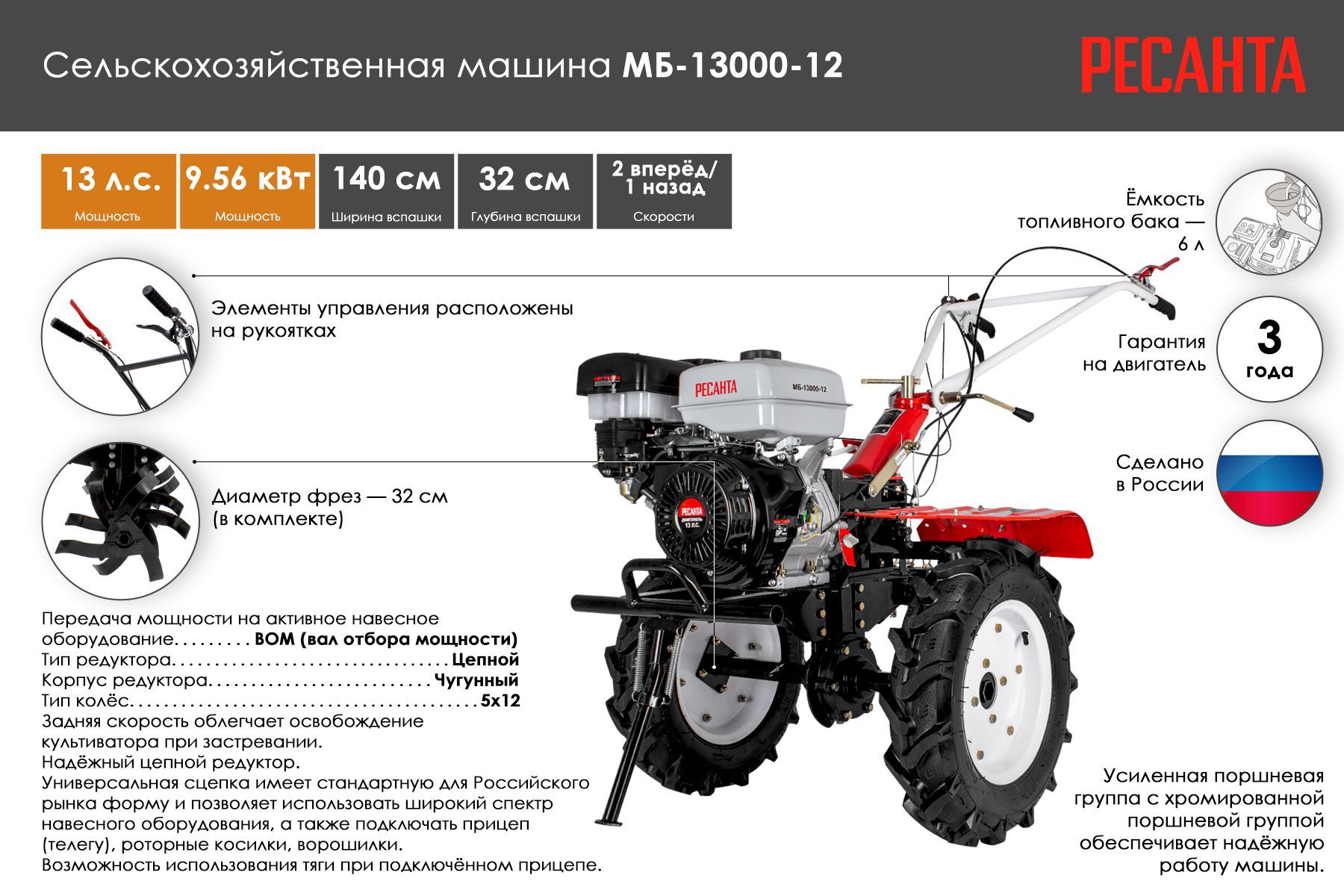 Мотоблок бензиновый МБ-13000Р-12 Ресанта с колёсами 5х12 ВОМ 18мм