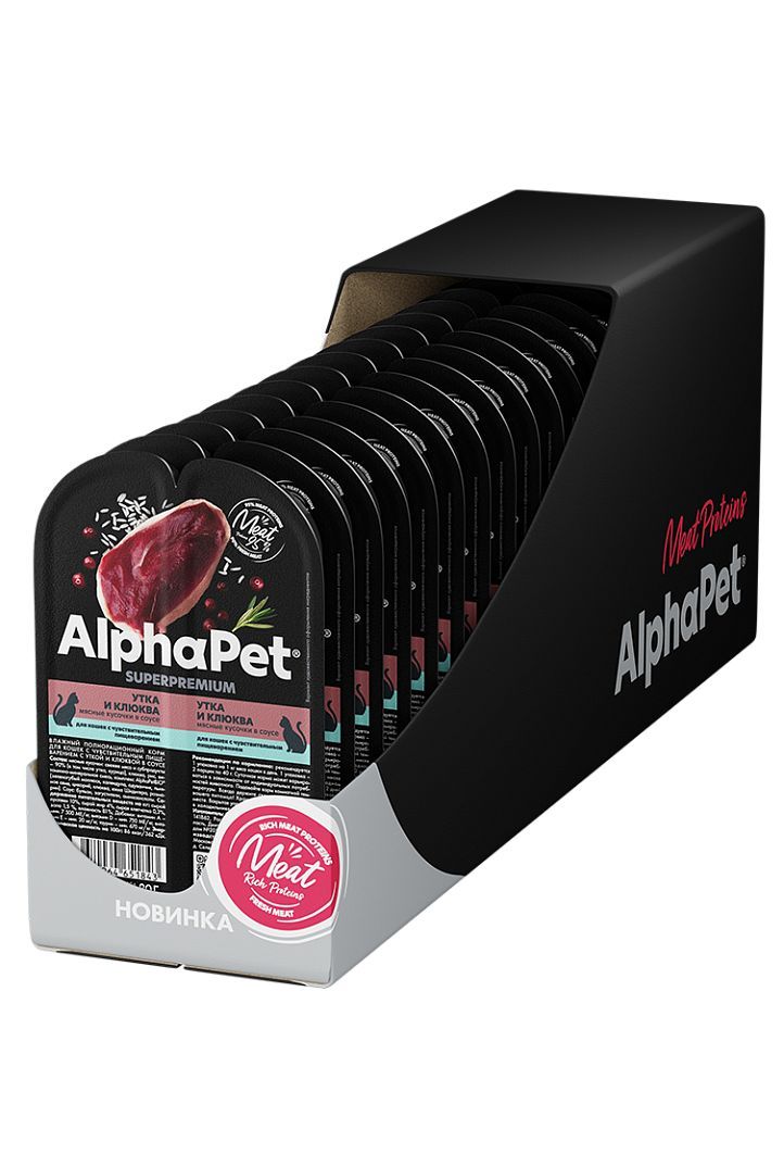 Влажный корм для кошек с чувствительным пищеварением AlphaPet Superpremium утка и клюква мясные кусочки в соусе, 80г х 15шт