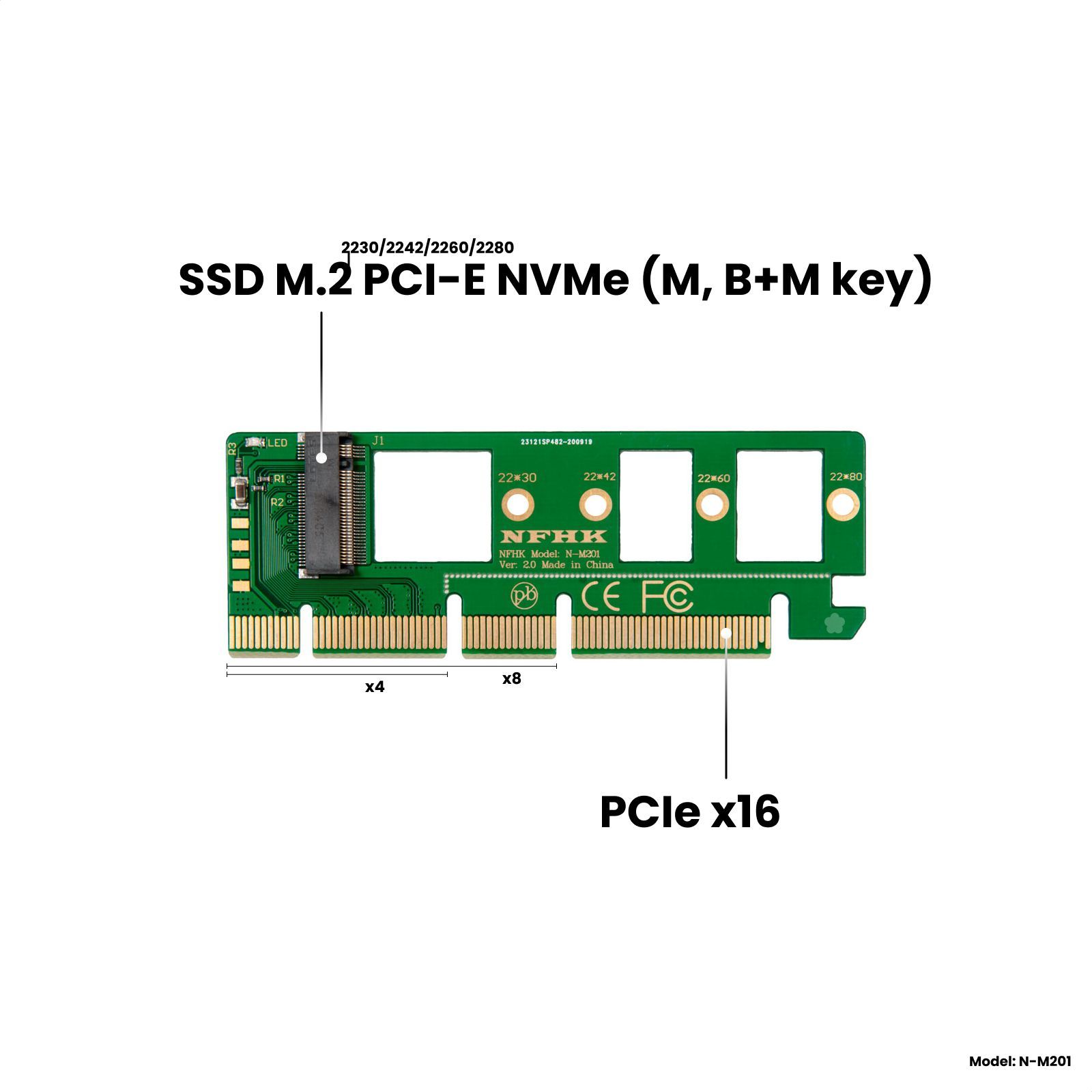 Адаптер-переходник SSD M.2 2230-2280 PCI-E NVMe (M, B&M-key) > PCI-E x4/x8/x16, зеленый, N-M201-G