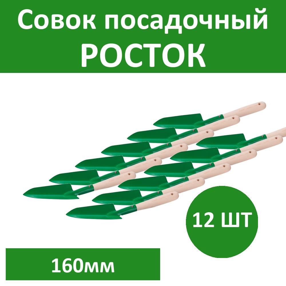 Комплект 12 шт, Совок посадочный РОСТОК с деревянной ручкой,узкий, рабочая часть 160мм, 39605