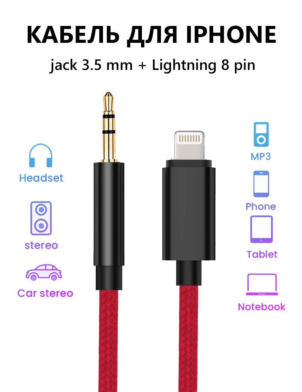 Кабель AUX для iPhone в машину / jack 3.5 мм - Lightning 8pin / аудио  переходник для смартфонов, 1 метр - купить с доставкой по выгодным ценам в  интернет-магазине OZON (557458443)