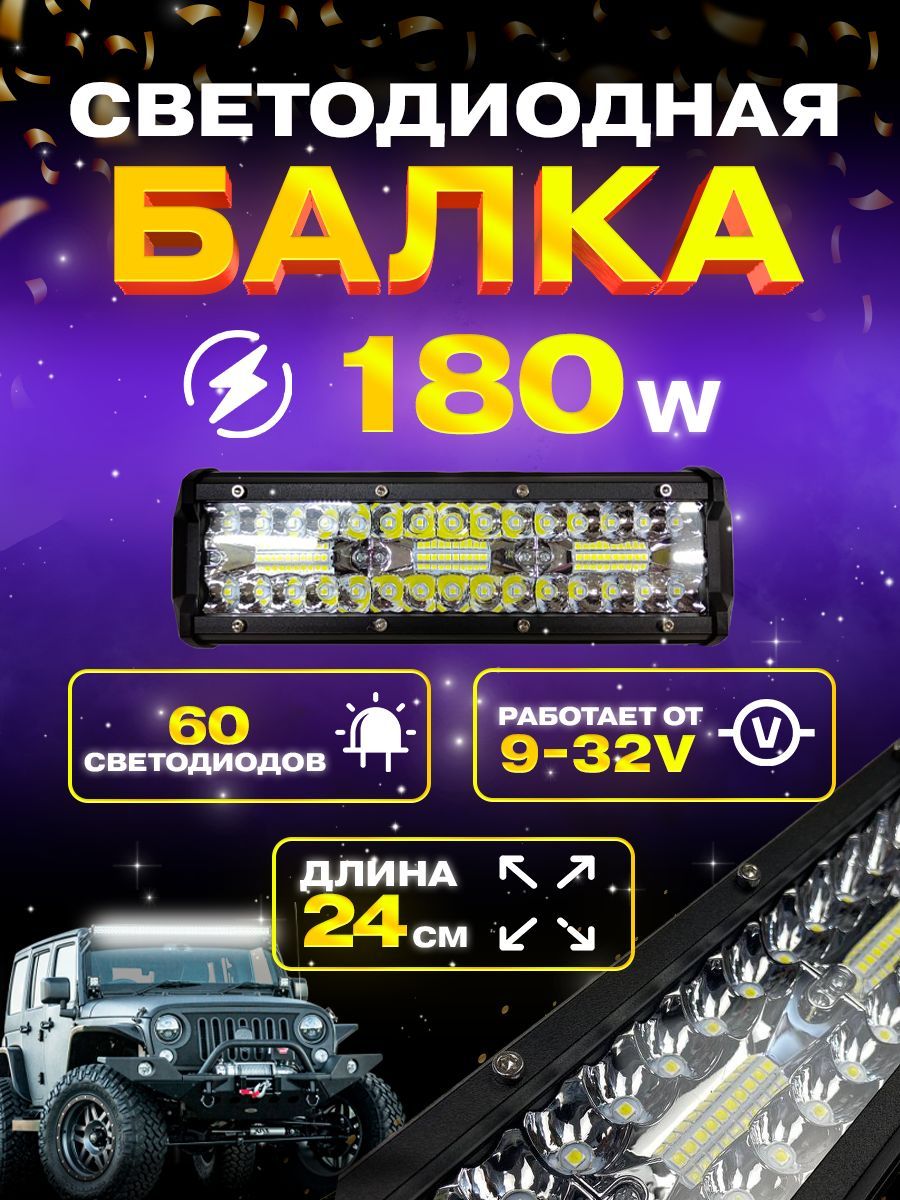 Балка фара светодиодная 180w. 23,6см. 9v-32v. Комбинированный свет