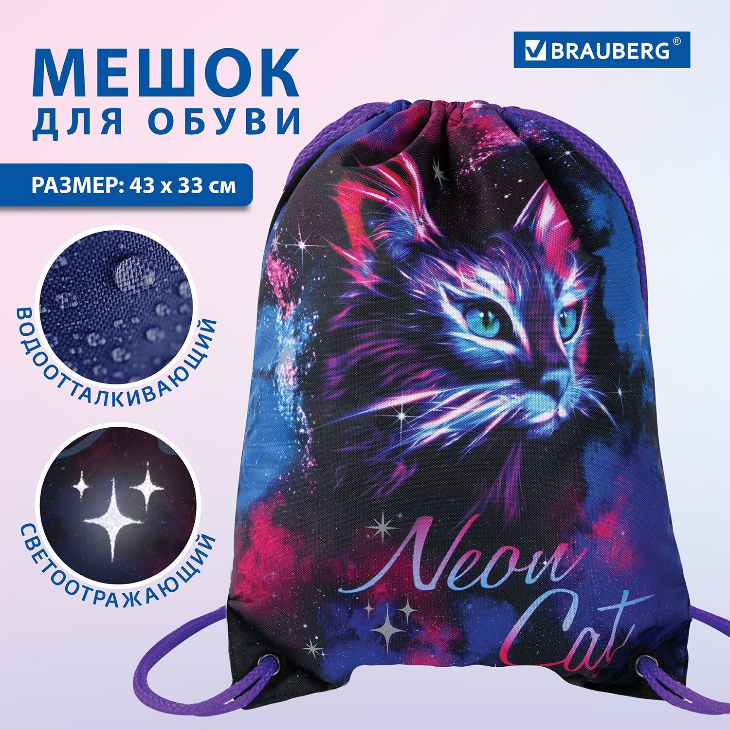 Сумка для сменной обуви, мешок для сменки, рюкзак Brauberg Premium, карман, подкладка, светоотражайка, 43х33 см, Neon cat купить на OZON по низкой цене (896668150)