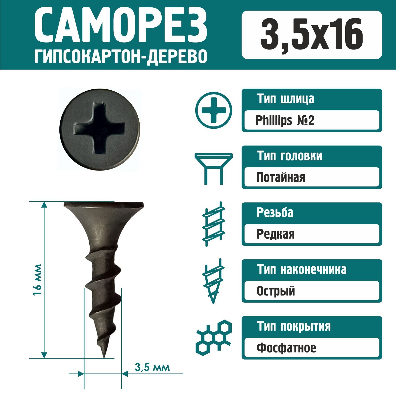 Саморез Rizzel 3,5х16 по дереву фосфатированный (500 шт)