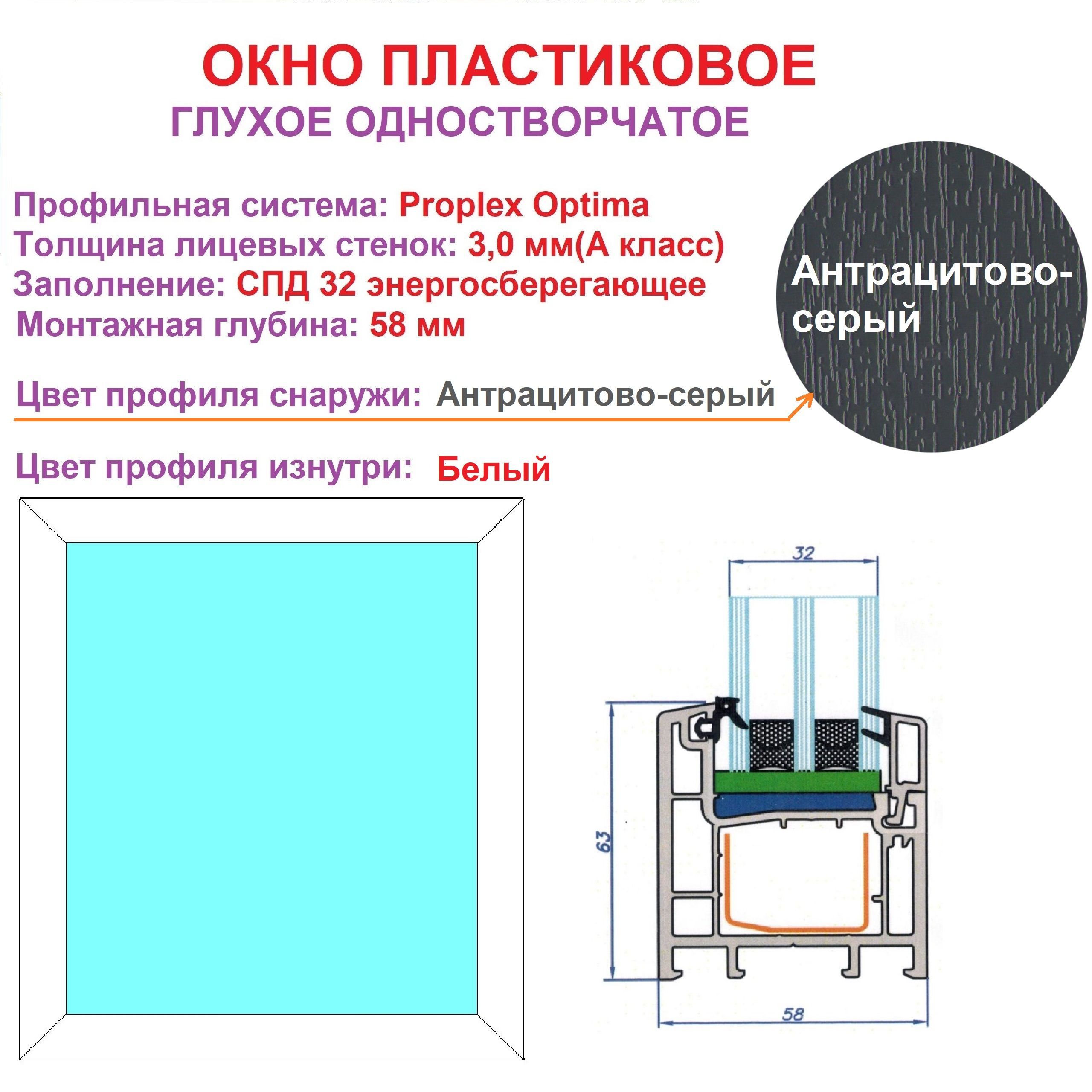 Окно пластиковое PROPLEX-OPTIMA Одностворчатое Глухое с двухкамерным  энергосберегающим стеклопакетом/ Ширина 710 мм Х Высота 660 мм / Цвет  профиля снаружи: АНТРАЦИТОВО-СЕРЫЙ, изнутри: БЕЛЫЙ. - купить по выгодной  цене в интернет-магазине OZON (1115525318)