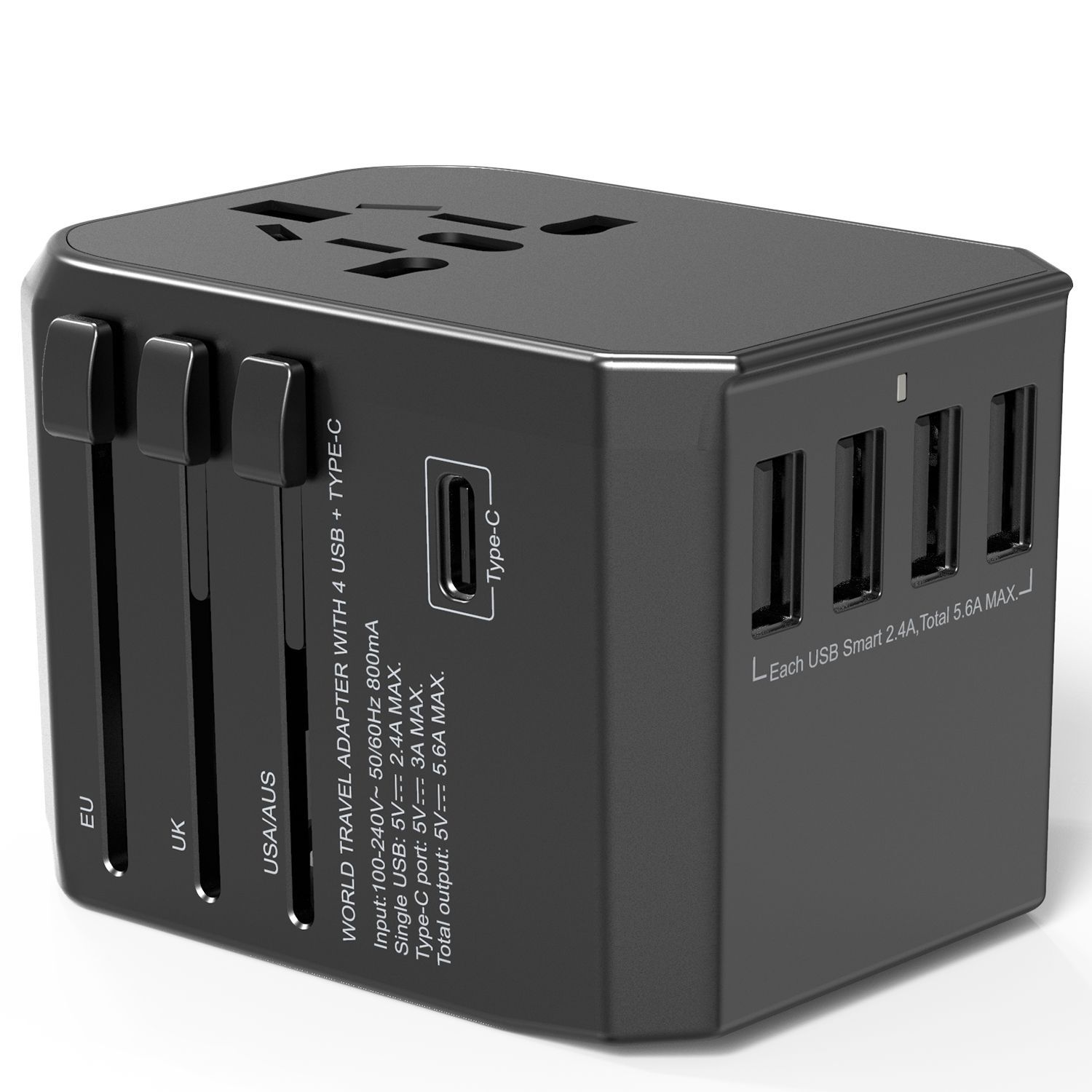 Универсальный переходник для розеток всех типов travel adapter для путешествий 4xUSB и Type-C US EU UK / Адаптер-переходник дорожный . Универсальная зарядка для розеток всех типов JY-305A