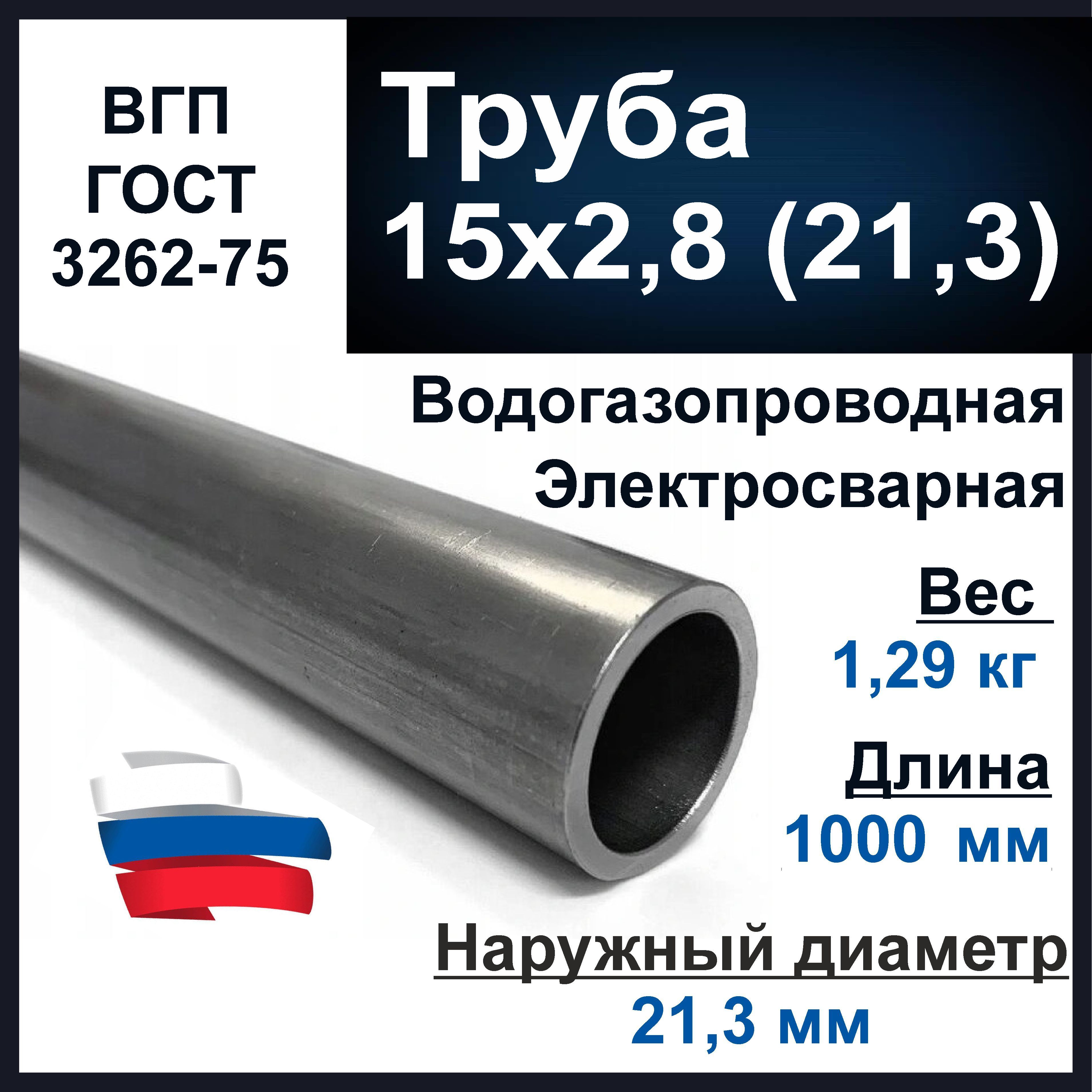 Труба15х2,8(21,3)стальная.Водогазопроводная(ВГП15)ГОСТ3262-75.Толщинастенки2,8мм.Длина1000мм.